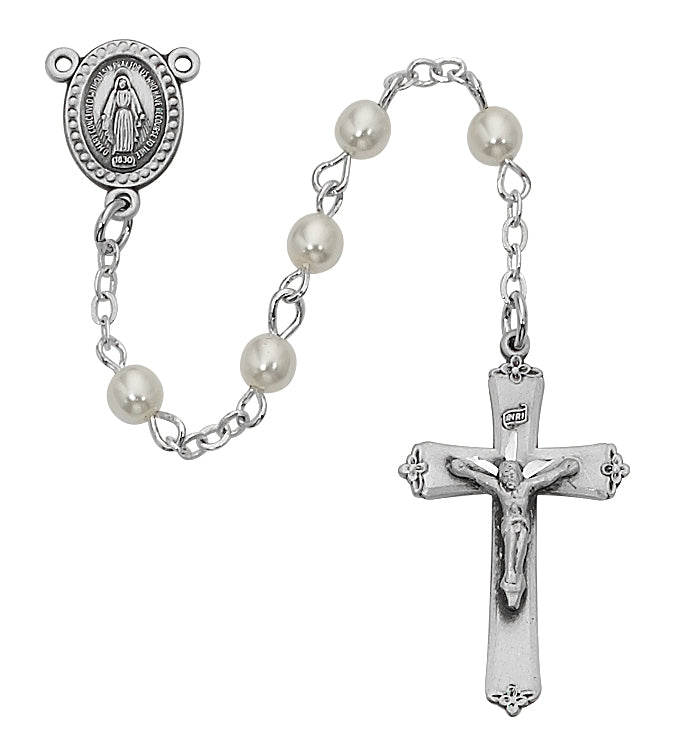 White Pearl Glass Miraculous Children's Rosary