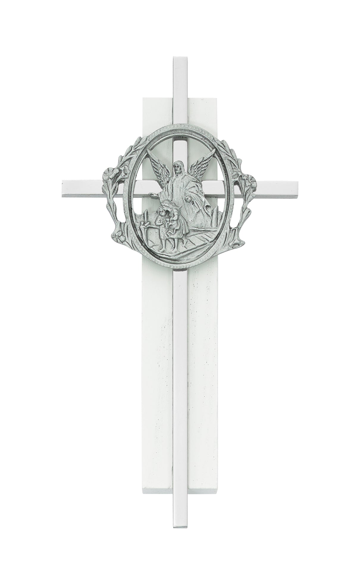 6in Guardian Angel on White Wood Wall Cross