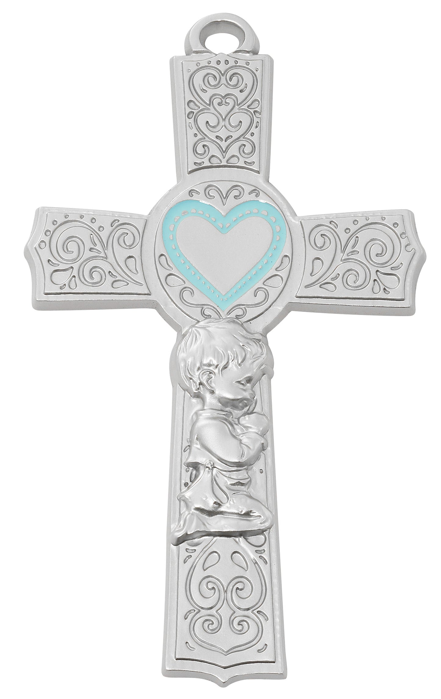 6in. Pewter Baby Boy Blue Epoxy Heart Cross