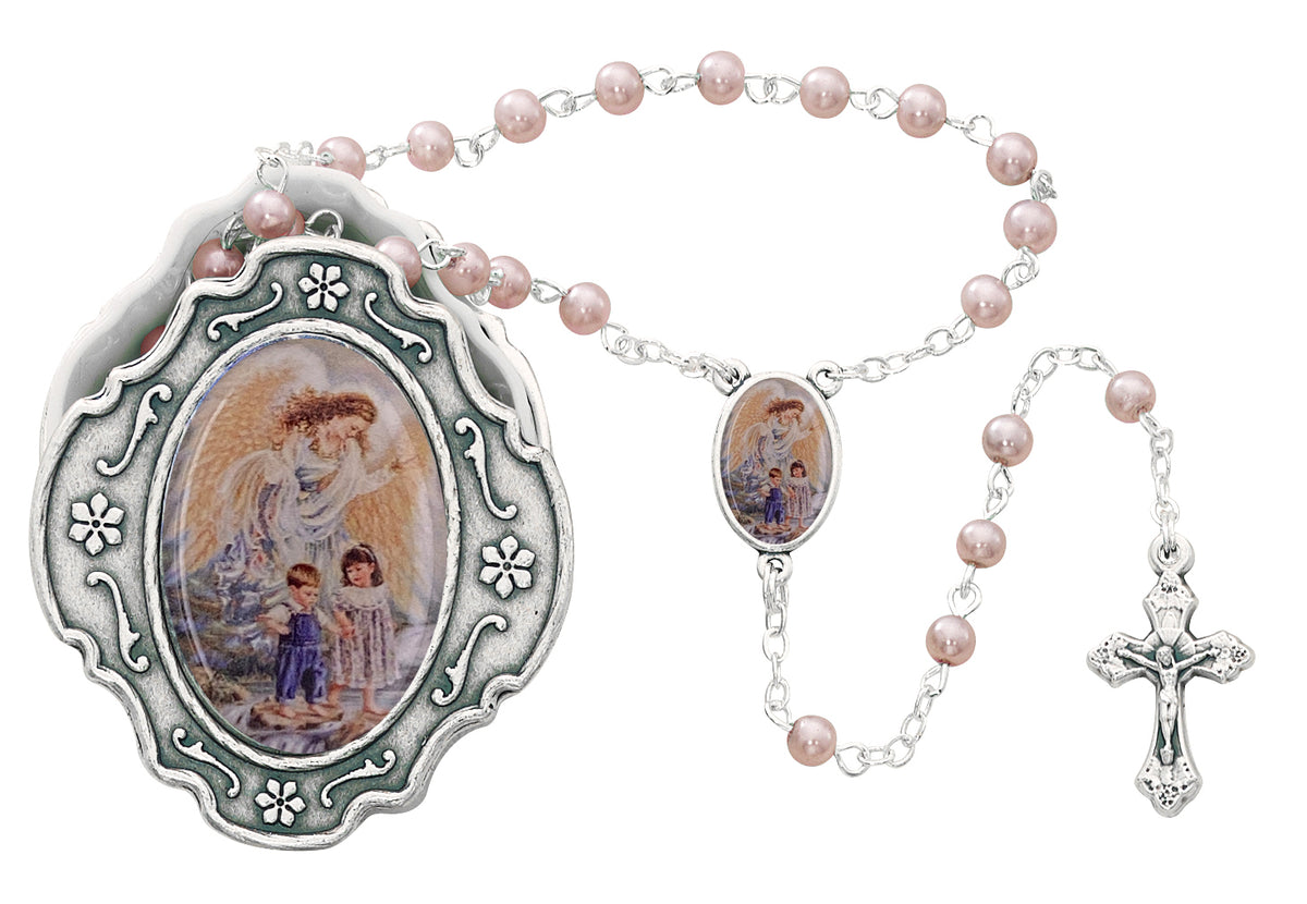 Guardian Angel Box and Pink Children's Rosary
