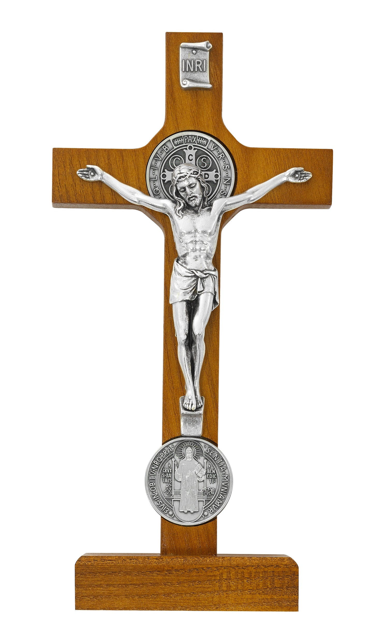 8 In Walnut Stain St. Benedict Standing Crucifix - Made in USA