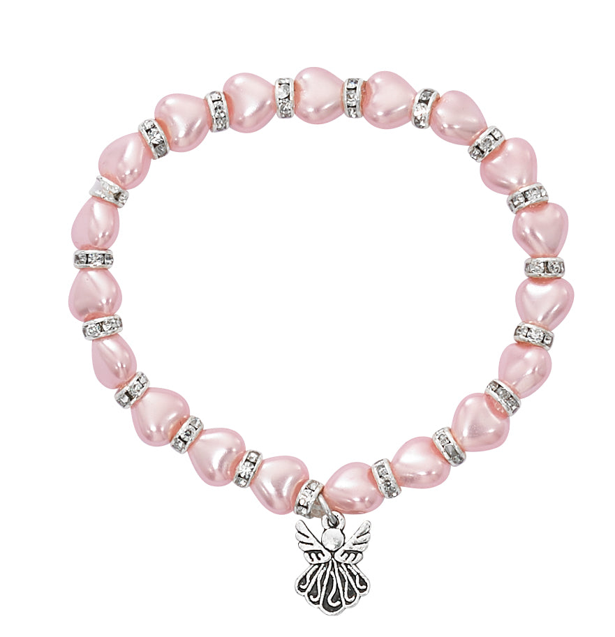 Baby Pink Pearl Heart Guardian Angel Stretch Bracelet - Carded