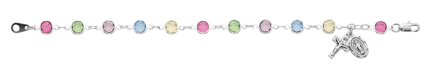 7.5in Multicolored Crystal Beads Sterling Miraculous Rosary Bracelet