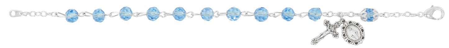 7.5in Light Blue Sterling Silver Miraculous Medal Rosary Bracelet