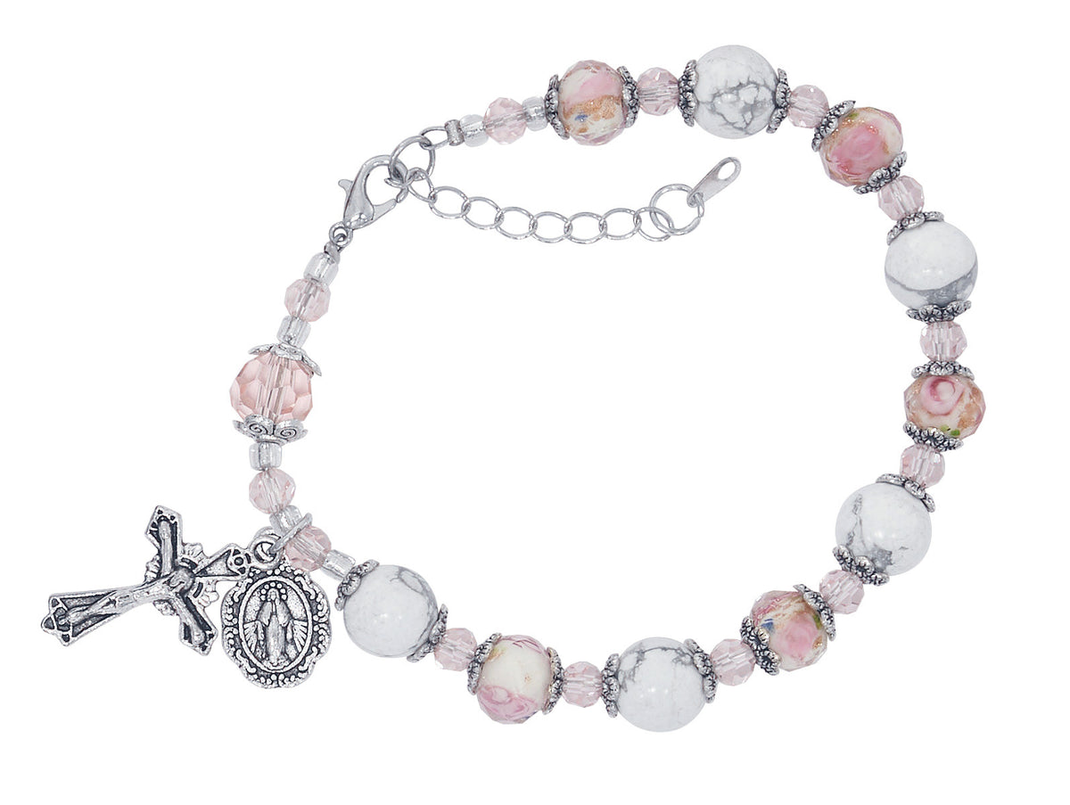 Adjustable Pink Flower and White Stone Beads Rosary Bracelet