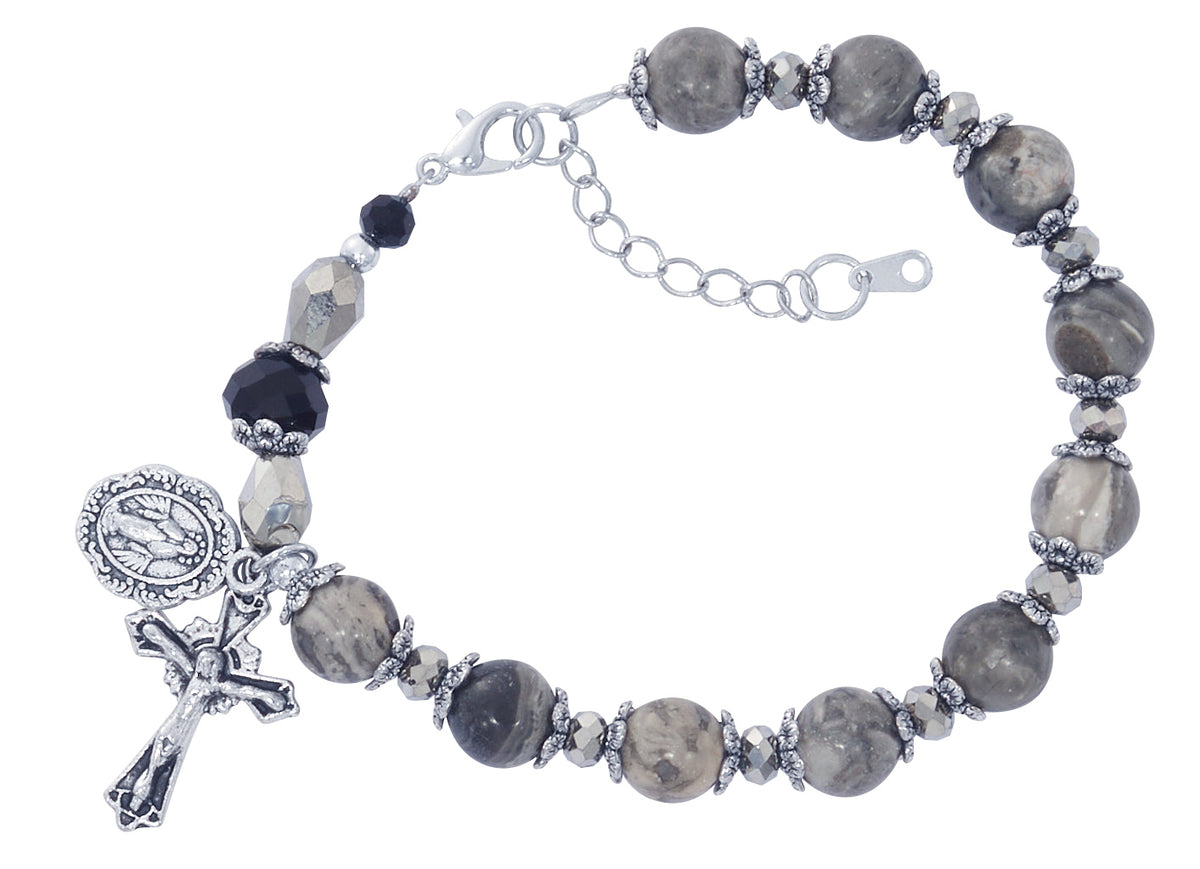 Adjustable Picasso Stone & Black Crystal Beads Rosary Bracelet