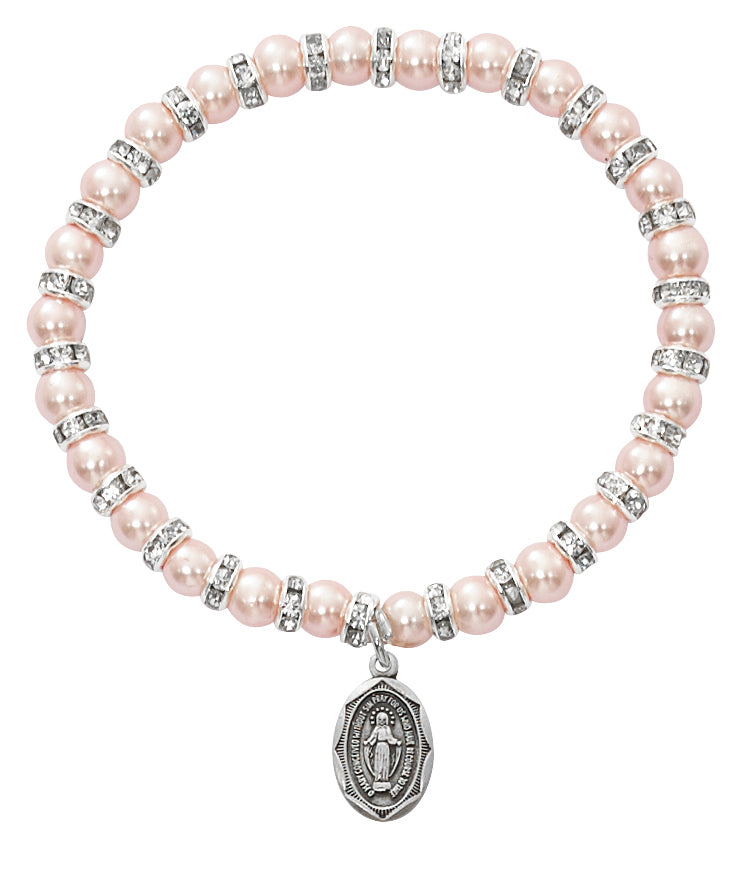 5 1/2in Pink Pearl Miraculous Medal Sterling Silver Stretch Bracelet