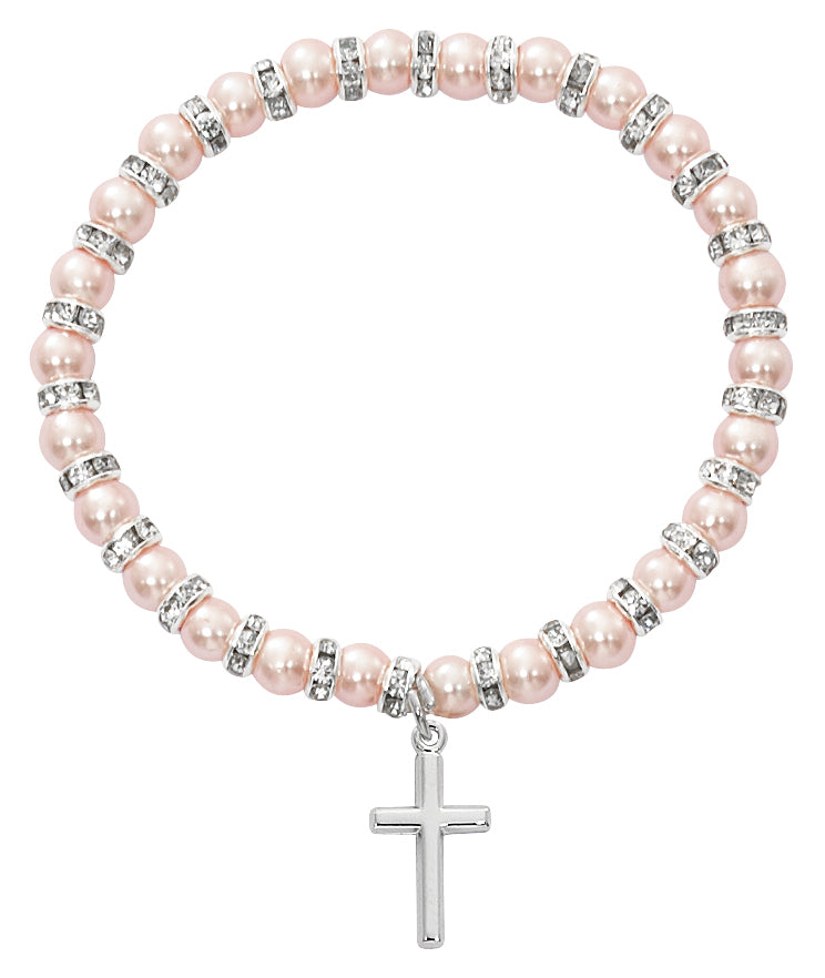 5 1/2in Pink Pearl Simple Cross Pewter Baby Stretch Bracelet