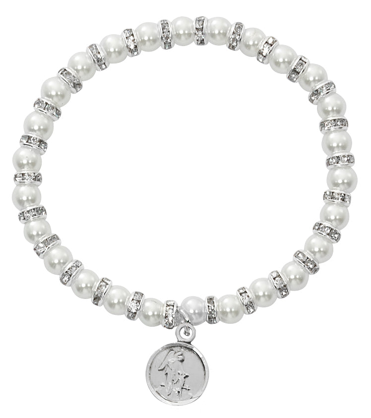 5 1/2in Pearl Guardian Angel Pewter Baby Stretch Bracelet