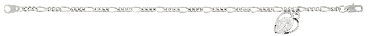 7.5in Rhodium Plated Figaro Miraculous Heart Bracelet
