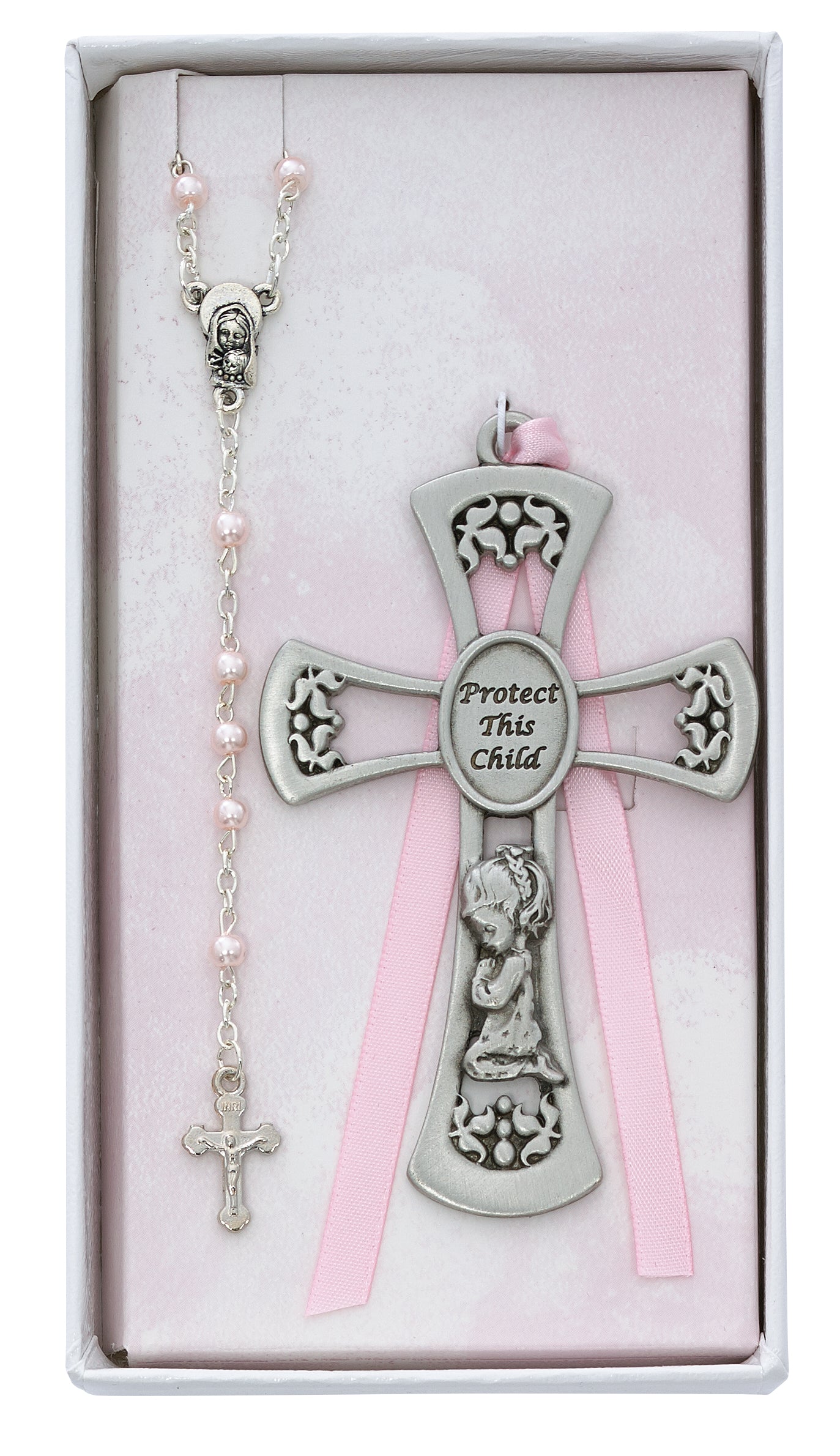 Praying Child Pewter Girls Crib Cross & Rosary Gift Set