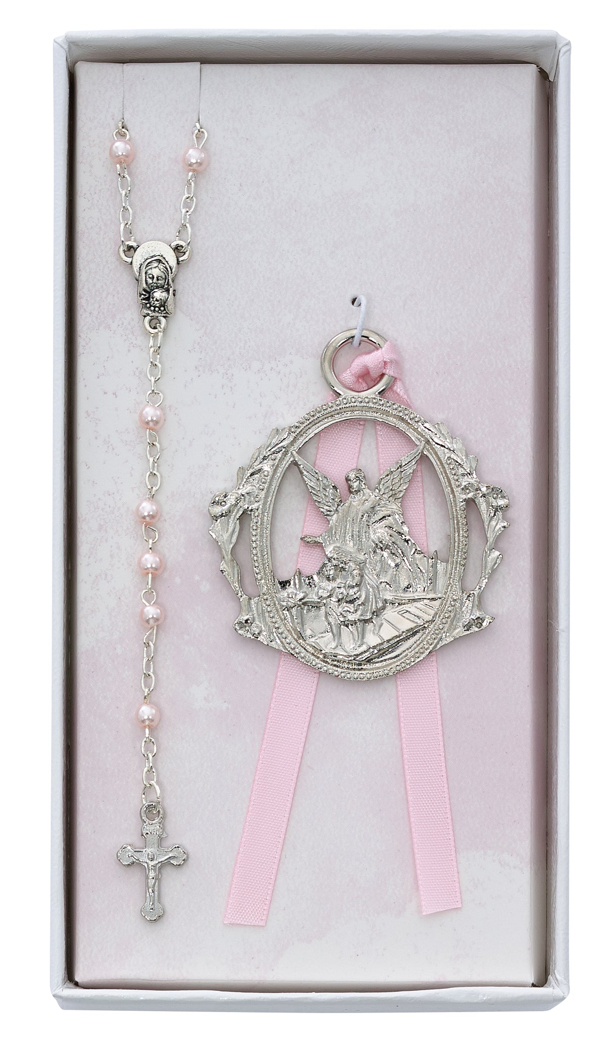 Guardian Angel Pewter Girls Crib Medal & Rosary Gift Set
