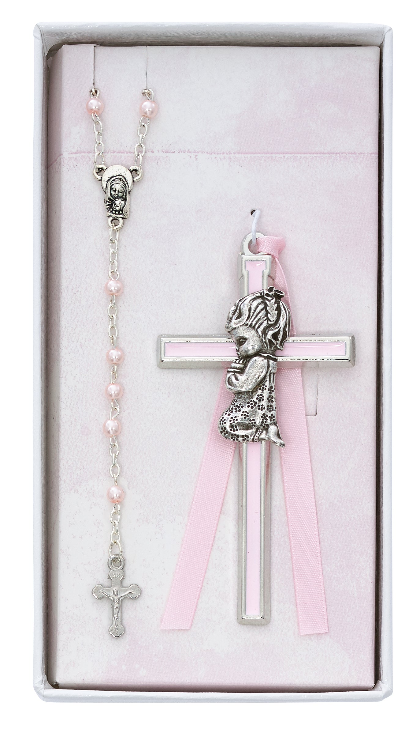 Praying Child Pewter Girls Pink Crib Cross & Rosary Gift Set