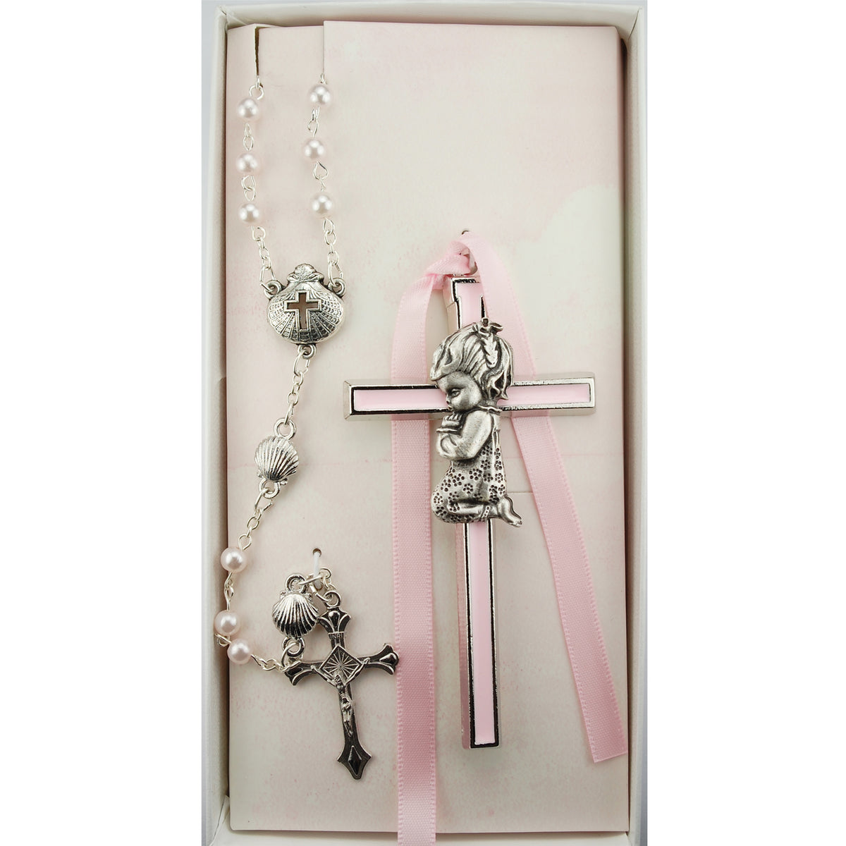 Praying Child Pewter Girls Pink Crib Cross & Shell Rosary Gift Set