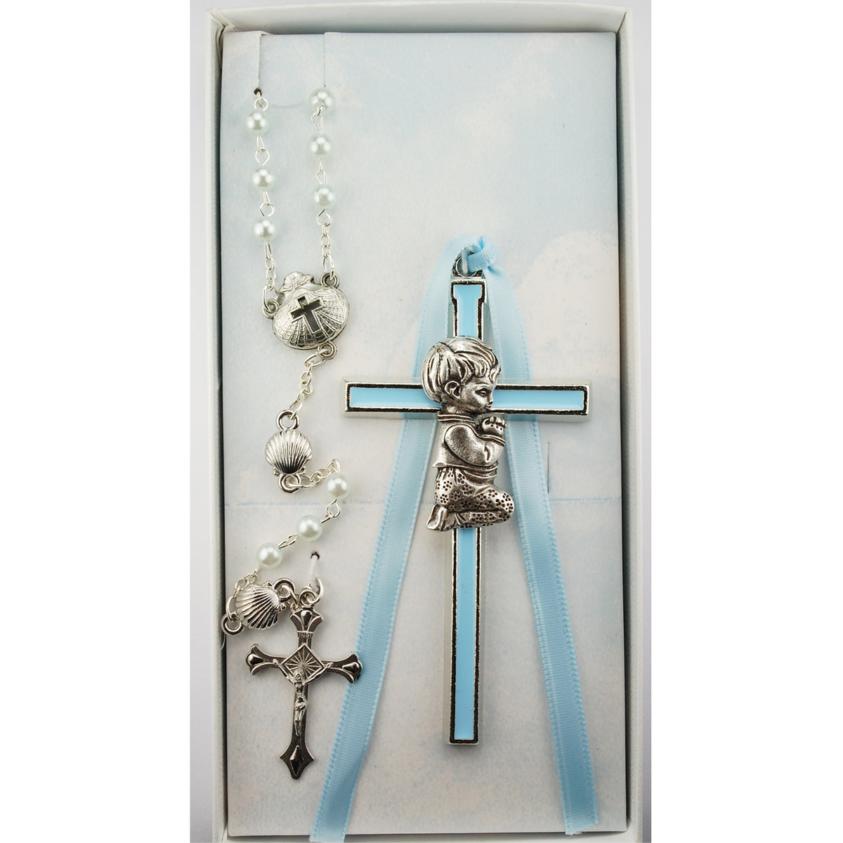 Praying Child Pewter Boys Blue Crib Cross & Shell Rosary Gift Set
