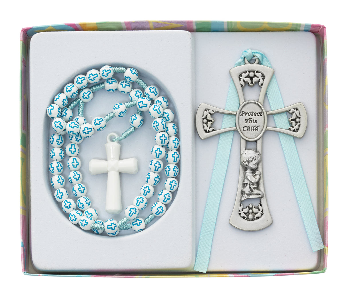 Protect This Child Pewter Boys Crib Cross & Rosary Gift Set
