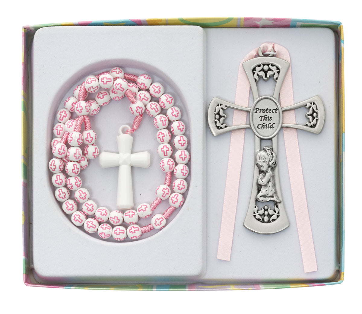 Protect This Child Pewter Girls Crib Cross & Rosary Gift Set