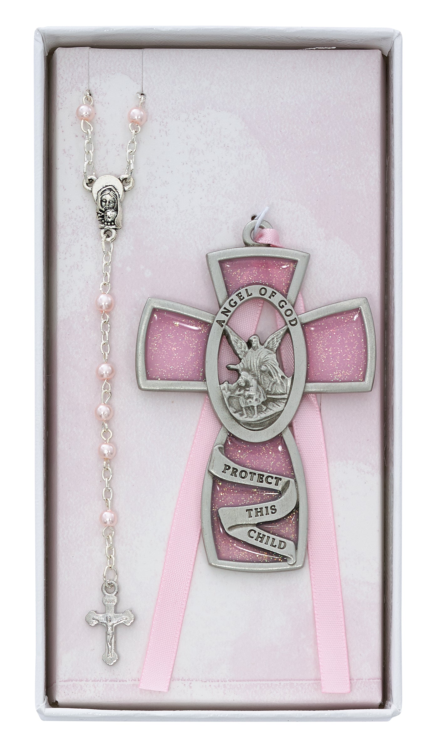 Guardian Angel Pewter Girls Crib Cross & Pearl Rosary Gift Set