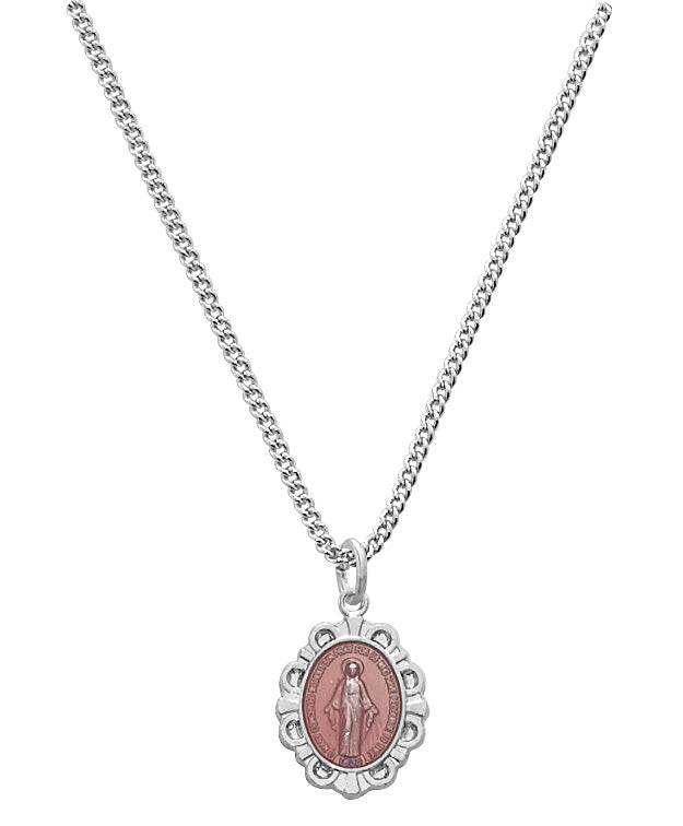 Baby Scalloped Pink Miraculous Medal Necklace - Sterling Silver