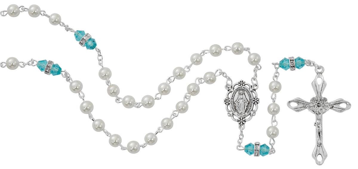 Pearl and Aqua Rosary With Zinc Center and Crucifixed