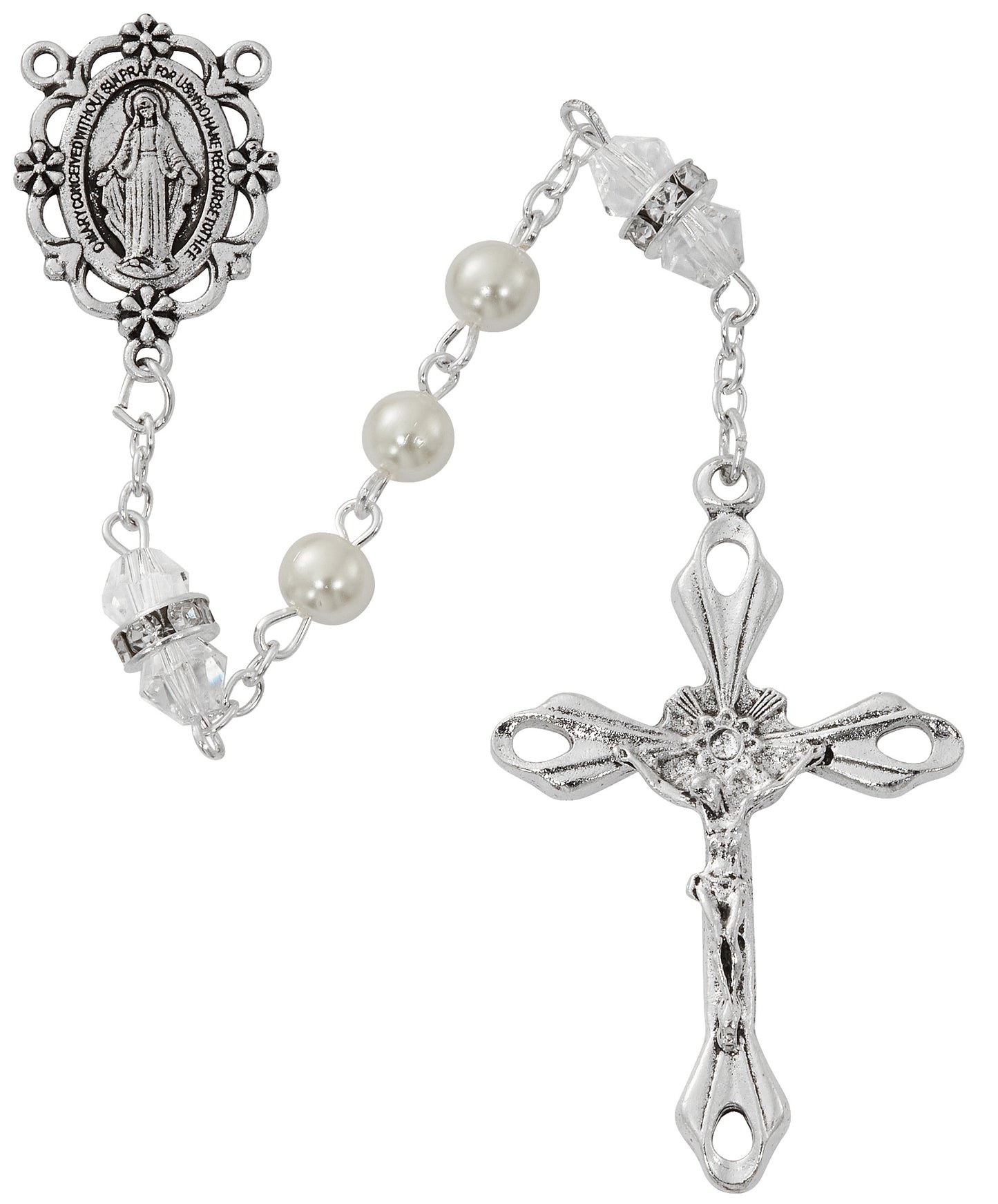 Pearl and Crystal Rosary With Zinc Center and Crucifixed