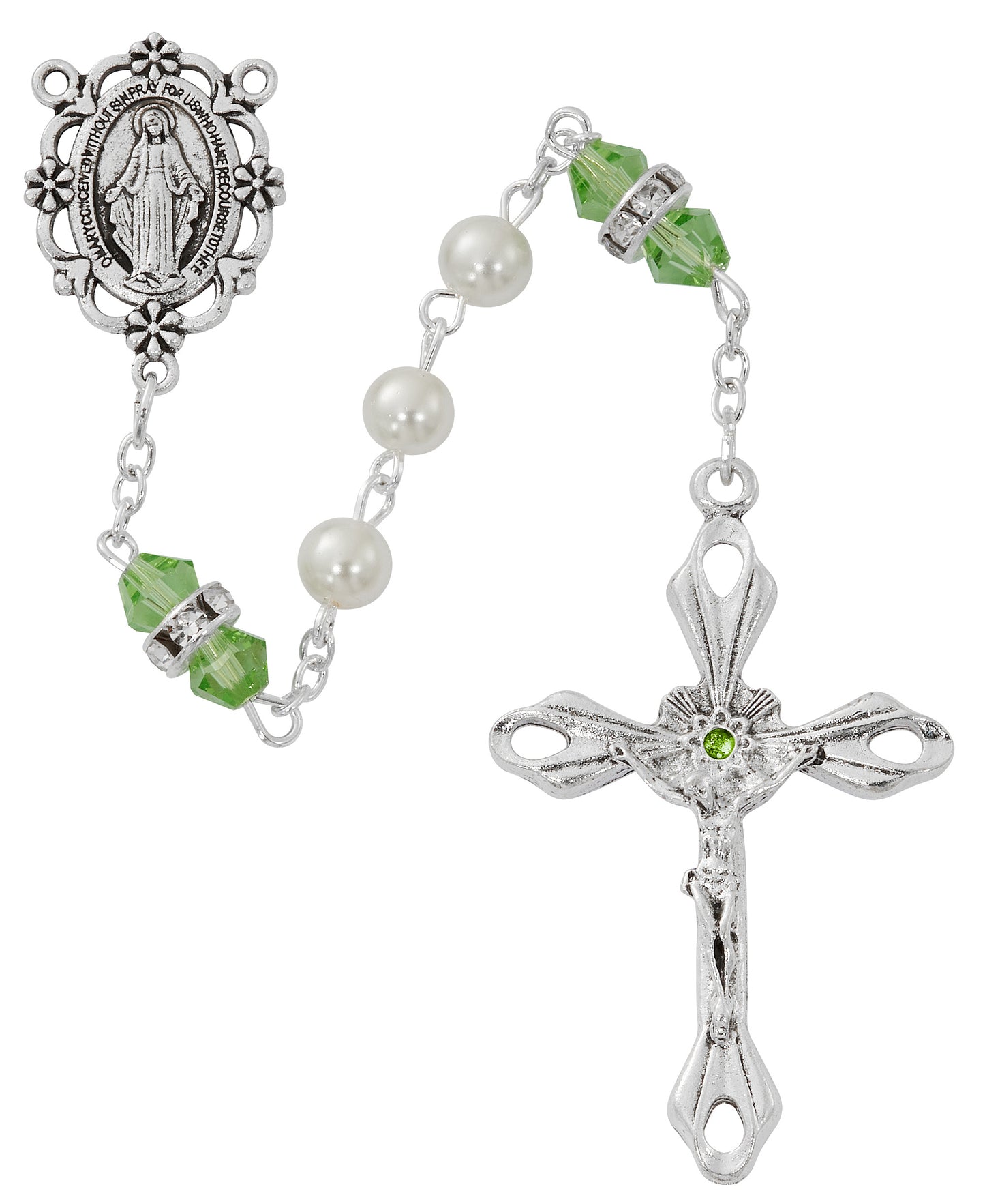 Pearl and Peridot Rosary With Zinc Center and Crucifixed