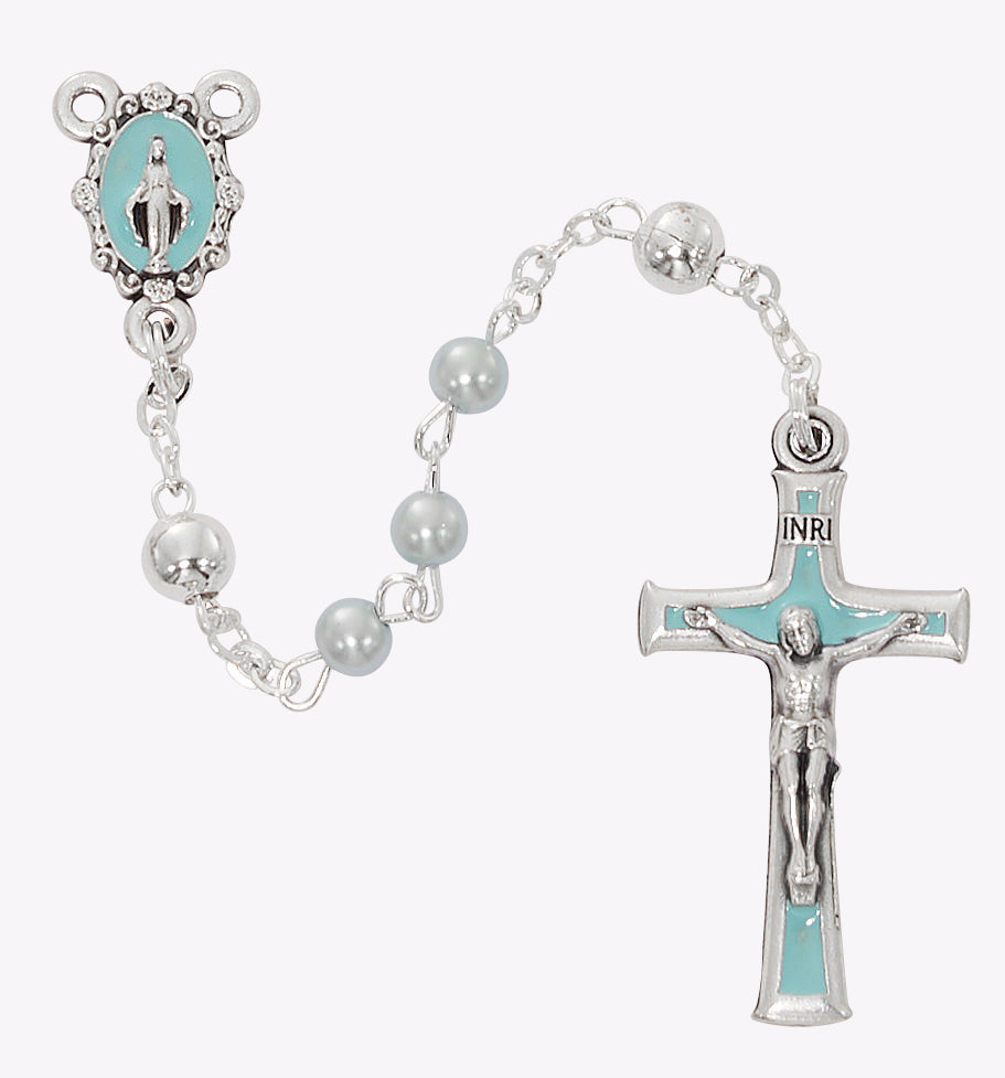 Baby Blue Silver Oxide Virgin Mary Rosary - 4mm Pearl