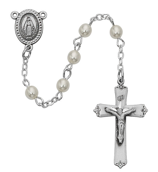 White Pearl Glass Sterling Silver Miraculous Children's Rosary