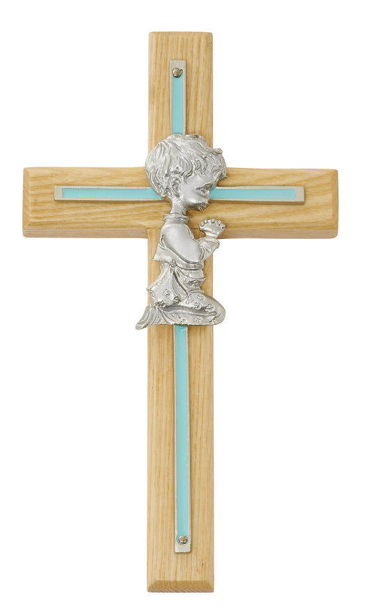 7in Oak With Blue Boy Praying Cross