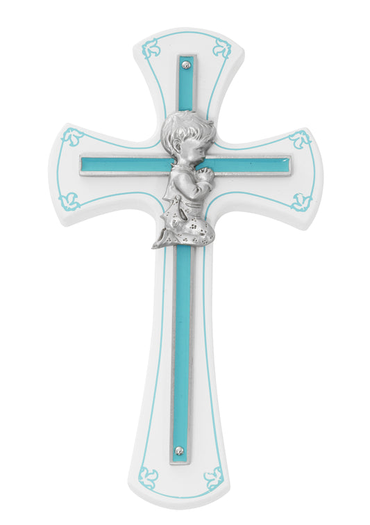 7in White and Blue Boy Praying Cross