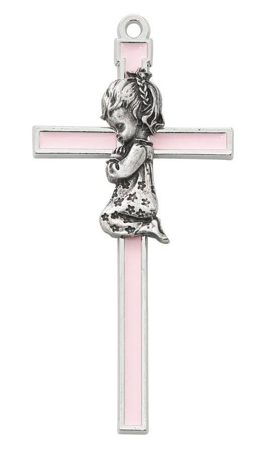 5in Silver Praying Girl on Pink Epoxy Wall Cross