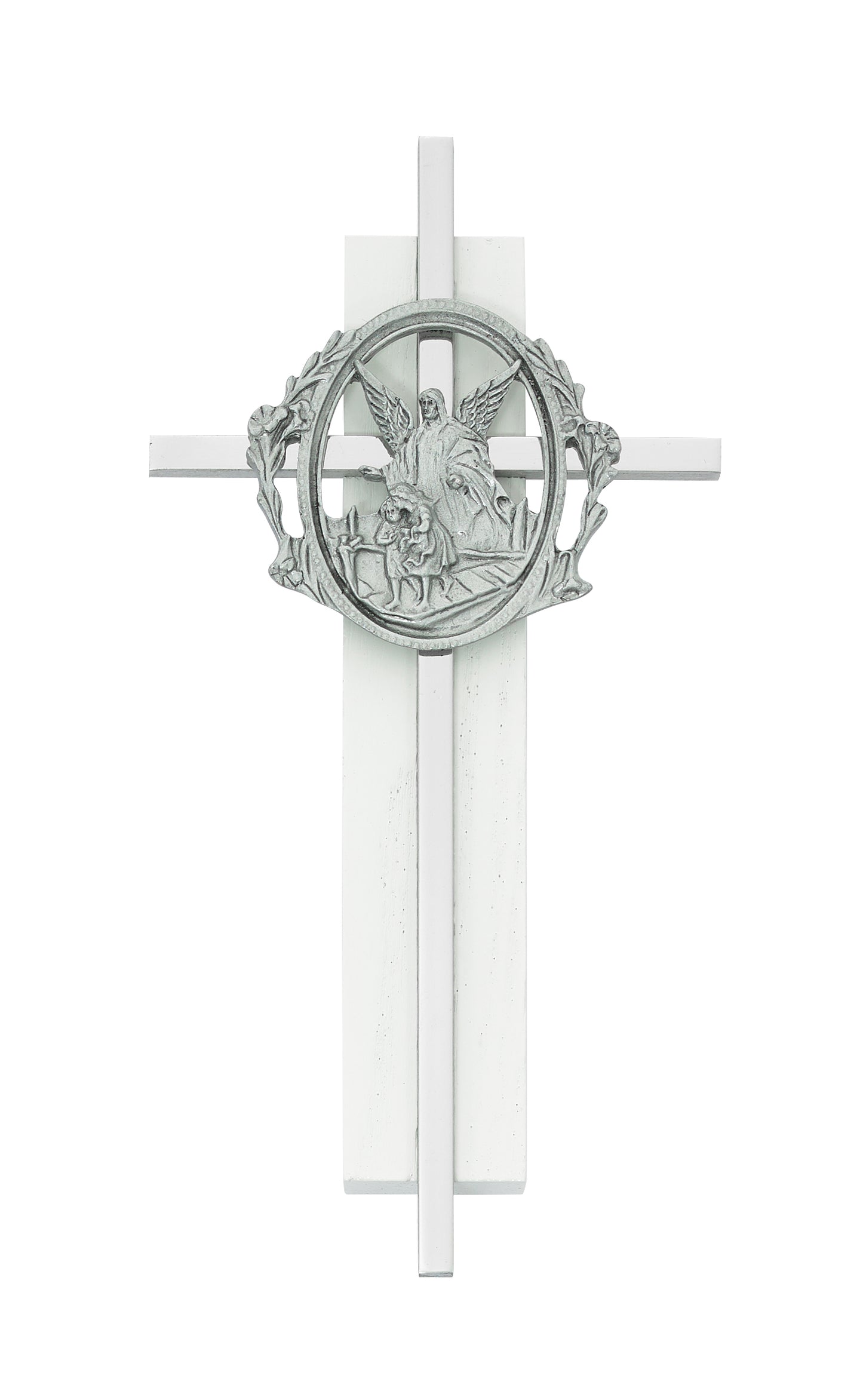 6in Guardian Angel on White Wood Wall Cross