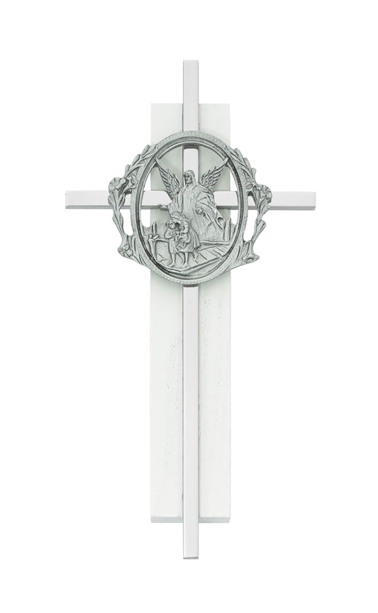 6in Guardian Angel on White Wood Wall Cross