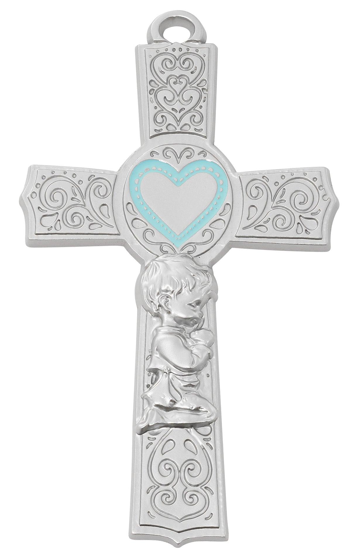 6in. Pewter Baby Boy Blue Epoxy Heart Cross