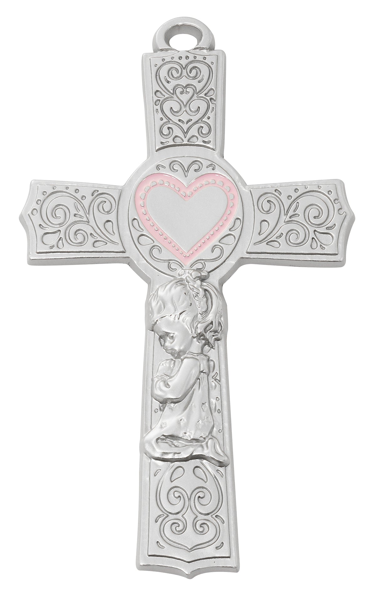 6in. Pewter Baby Girl Pink Epoxy Heart Cross