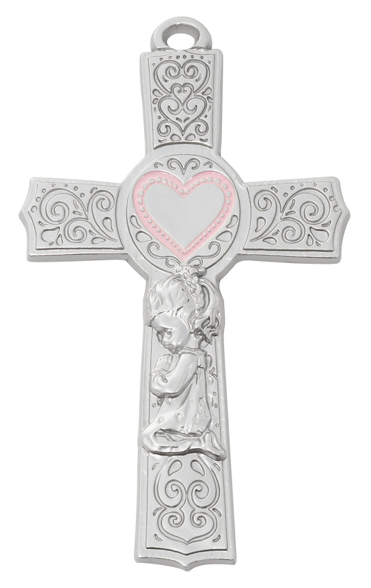6in. Pewter Baby Girl Pink Epoxy Heart Cross