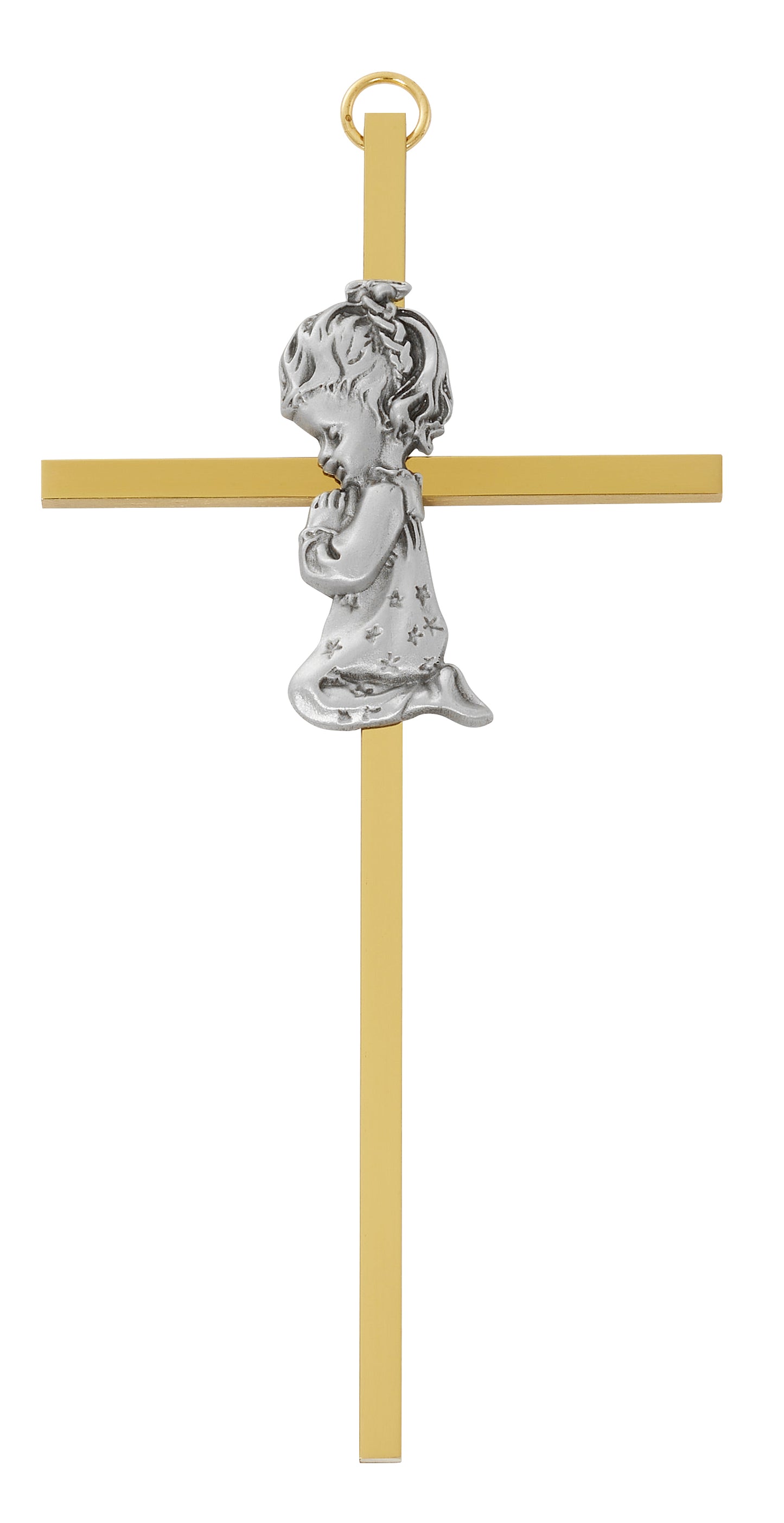 6in Silver Praying Girl on Brass Wall Cross