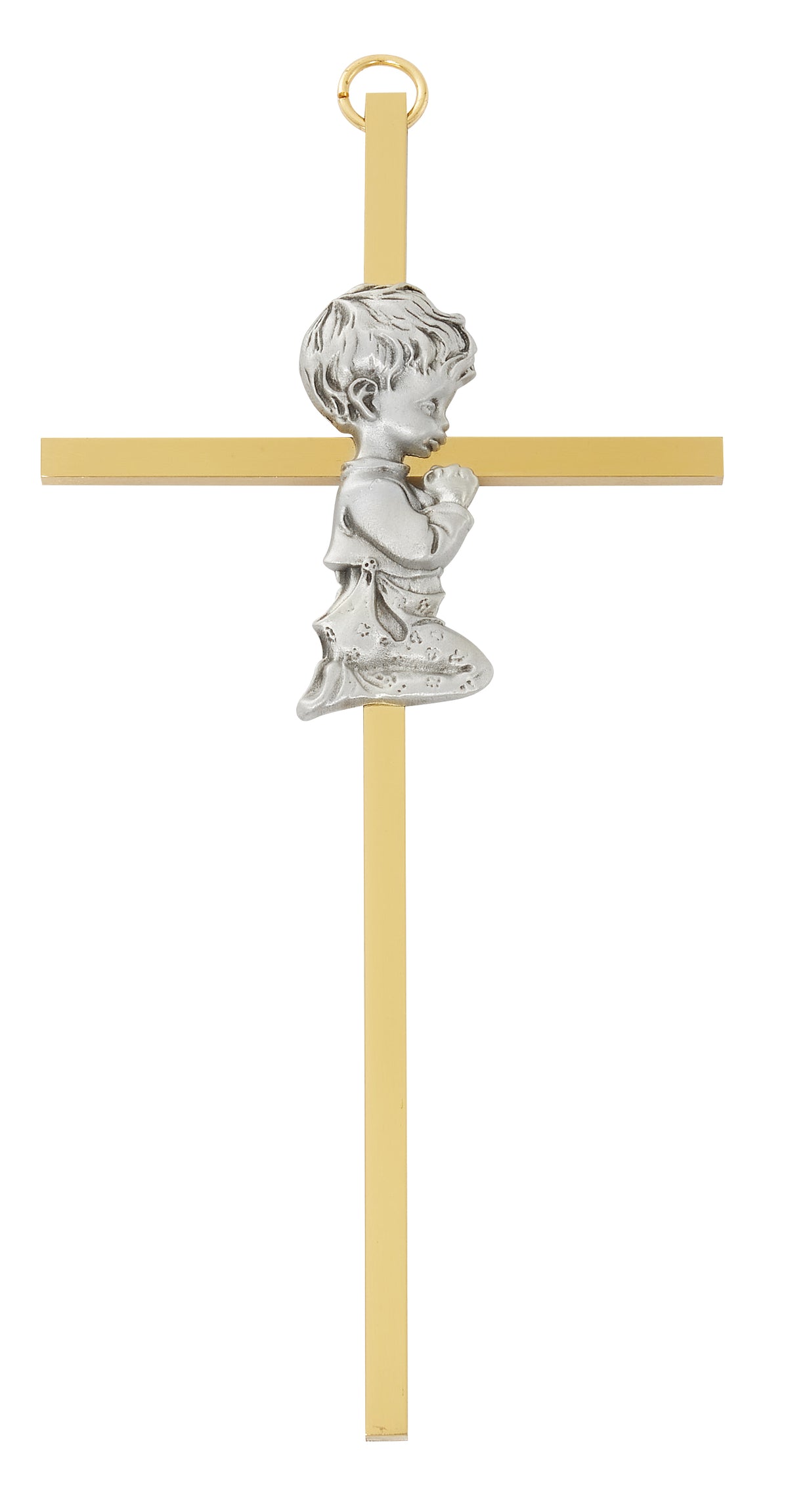6in Silver Praying Boy on Brass Wall Cross