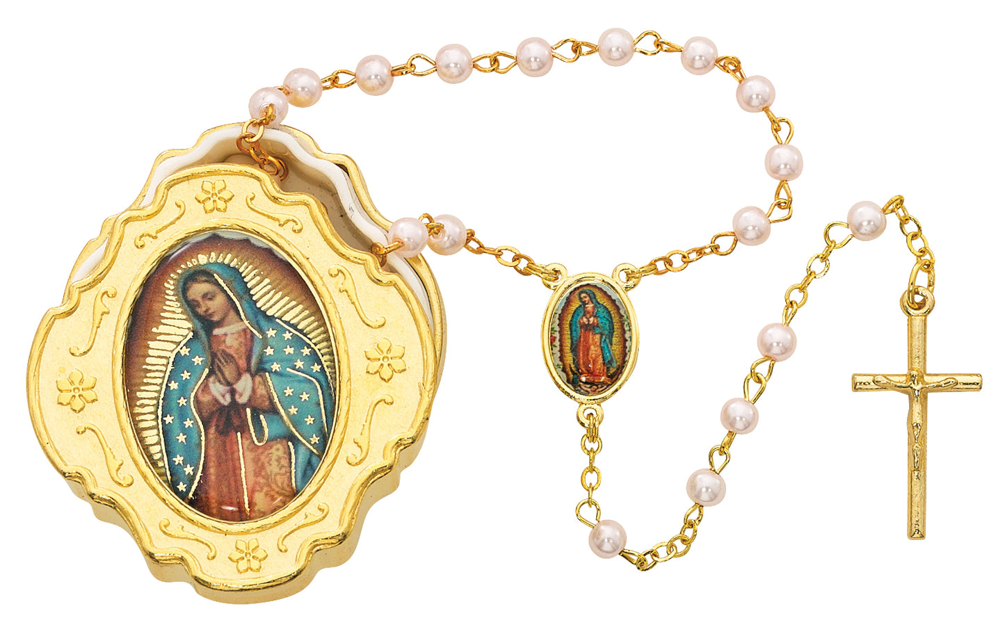 Gold Guadalupe Box and Pink Children's Rosary