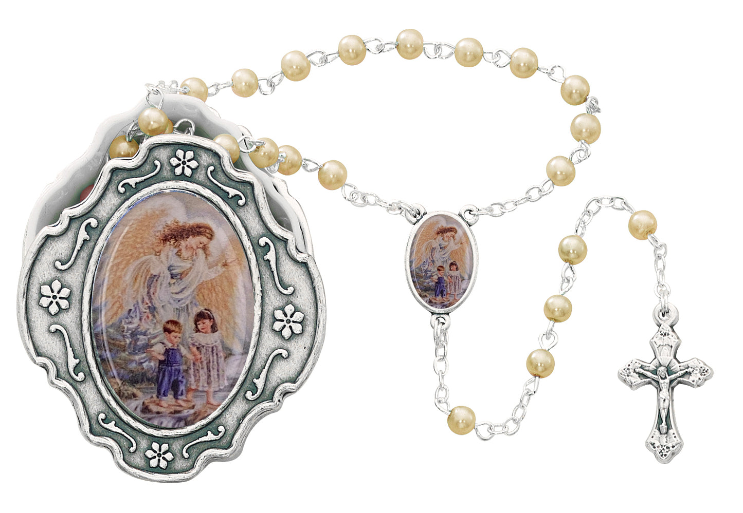 Guardian Angel Box and Pearl Like Children's Rosary
