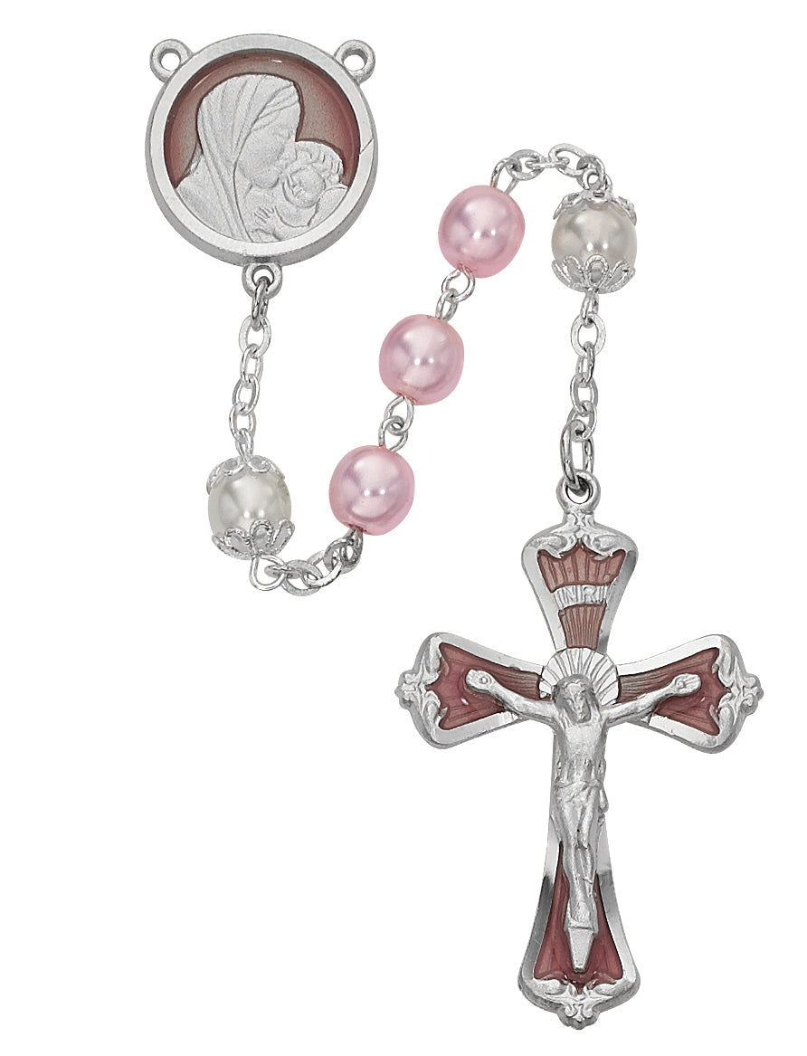 Mother and Child Pink Pearl Like Glass Rosary