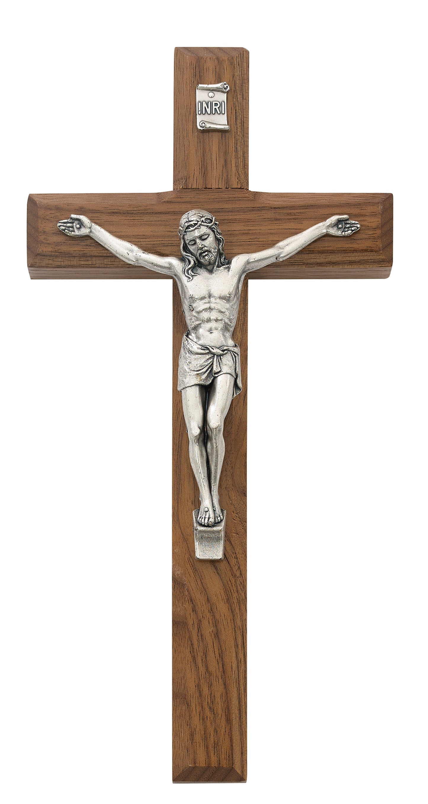 8 In Beveled Walnut Stain Crucifix - Made in USA (80-02)