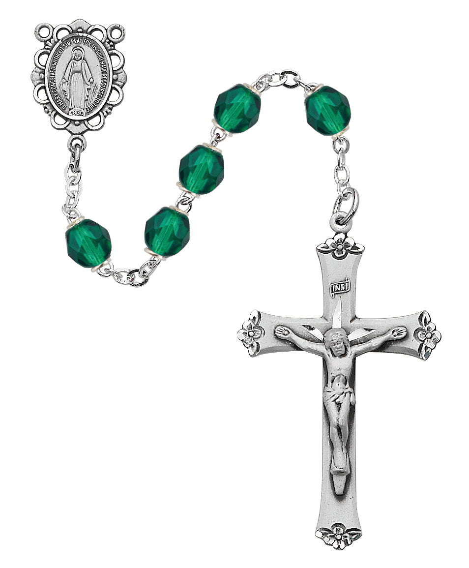 Dark Green Glass May Rosary  (875L-EMF)