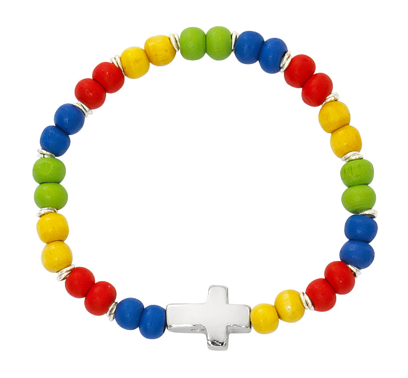 Baby Multicolor Wood Cross Stretch Bracelet - Carded