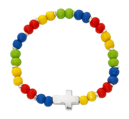 Baby Multicolor Wood Cross Stretch Bracelet - Carded
