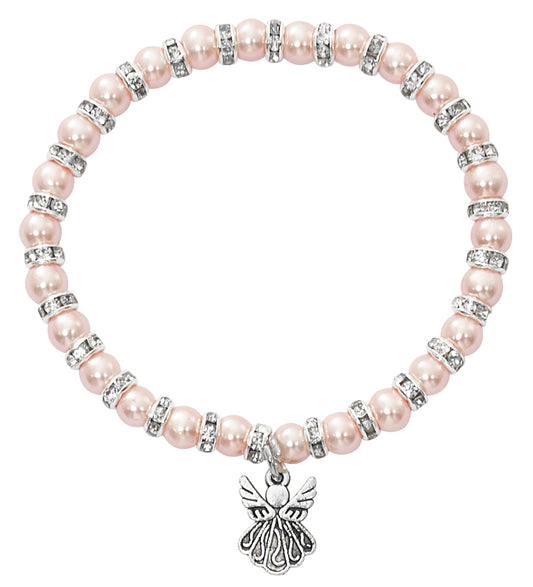 Baby Pink Pearl Guardian Angel Stretch Bracelet - Carded