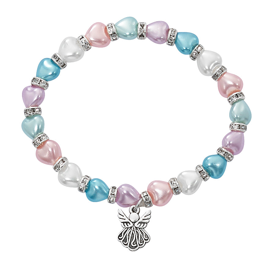 Baby Multicolor Pearl Heart Guardian Angel Stretch Bracelet - Carded