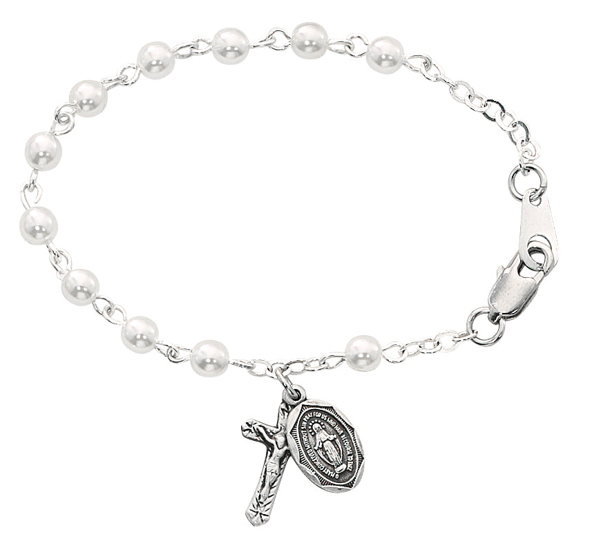 5 1/2in Glass Pearl Sterling Silver Baby Rosary Bracelet