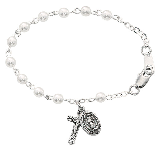 5 1/2in Glass Pearl Sterling Silver Baby Rosary Bracelet