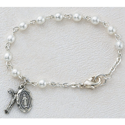 5 1/2in Glass Pearl Rhodium Plated Baby Rosary Bracelet